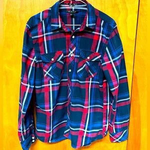 21 Men Plaid, long sleeve flannel shirt in multicolor pattern. Medium. Mens